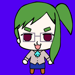 Chibi anime avatar with glasses and smiling.